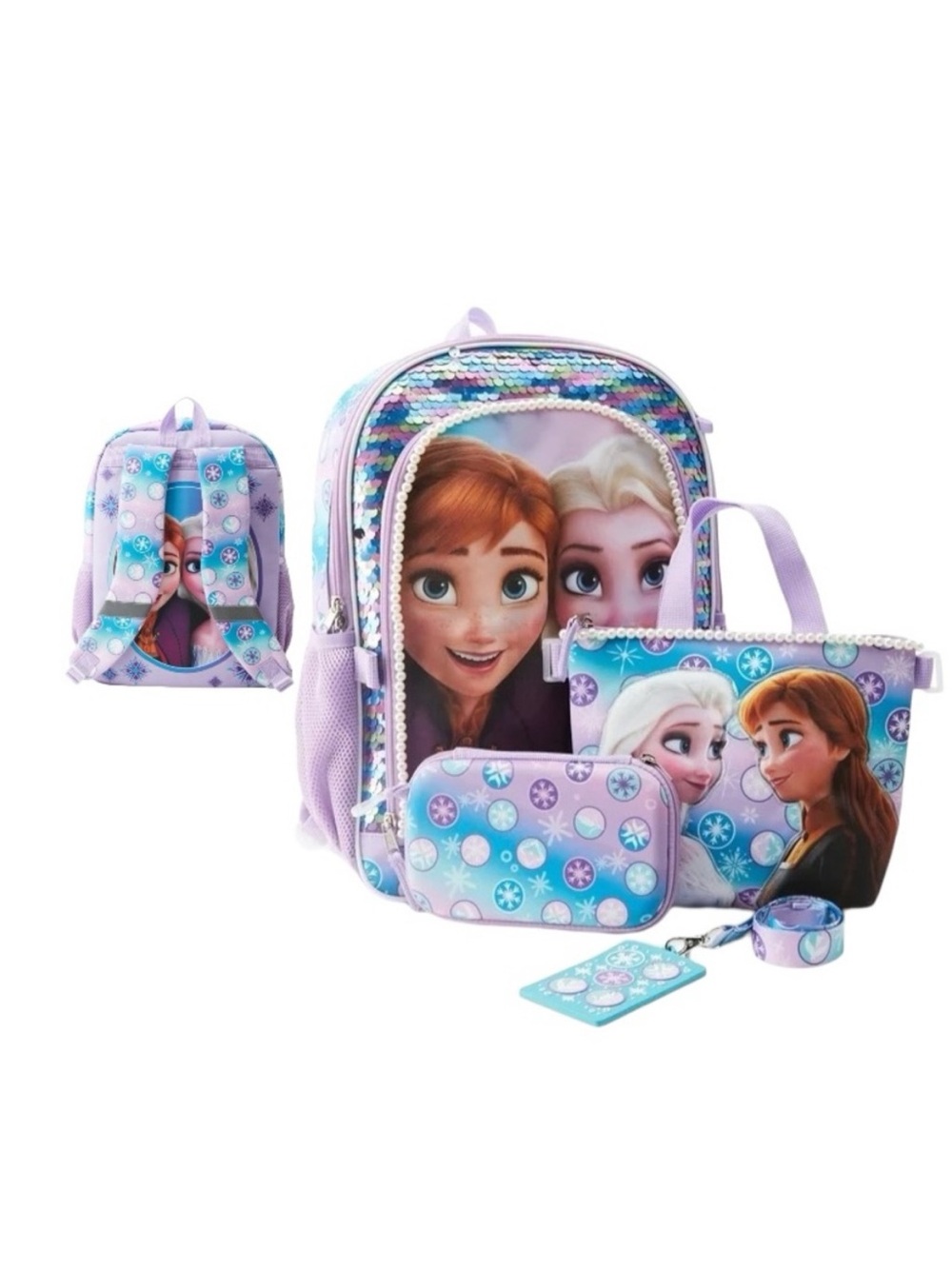 Disney Frozen Elsa And Anna Backpack, Lunch Tote , ID Lanyard and Storage Pouch